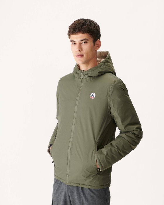 Army/Beige Reversible Hooded Puffer Jacket Bergen Jott New In