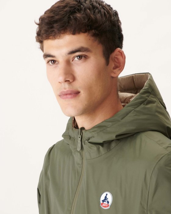 Army/Beige Reversible Hooded Puffer Jacket Bergen Jott New In