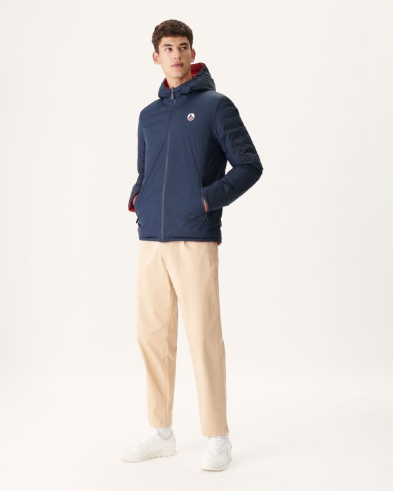 Navy Blue/Red Reversible Hooded Puffer Jacket Bergen Jott New In